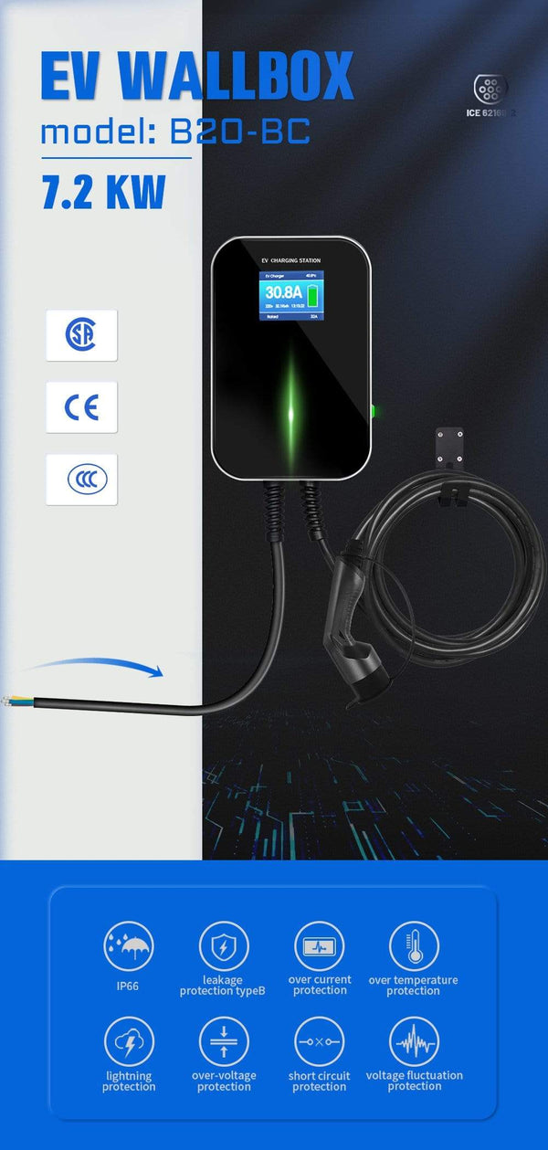 Planet Gates EV Charger 32A 1 Phase 7.2KW Wallmount Electric Vehicle Charging Station EVSE Wallbox with Type 2 Plug IEC 62196-2 Free Hook