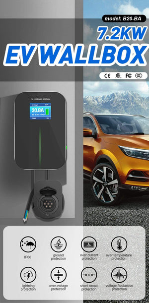 Planet Gates EV Charger EVSE Wallbox Wifi Electric Vehicle Charging Station APP with Type 2 Socket 32A 1Phase IEC 62196-2 for Audi BMW