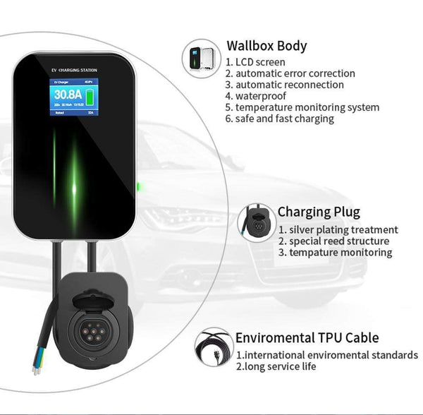Planet Gates EV Charger EVSE Wallbox Wifi Electric Vehicle Charging Station APP with Type 2 Socket 32A 1Phase IEC 62196-2 for Audi BMW