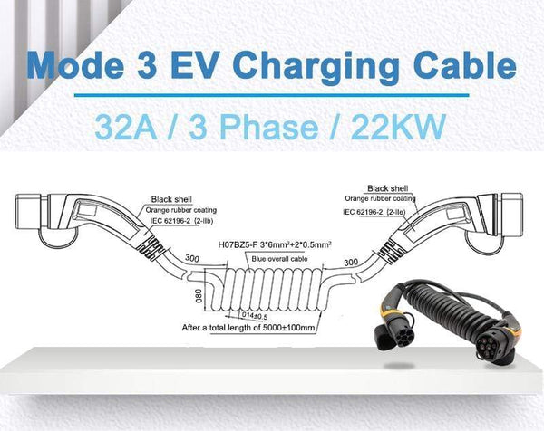 Planet Gates EV Charger Type 2 32A Type 2 to Type 2 EV Charging Cable With 5M Spiral Cable Mennekes Type 2 for Electric Vehicle Car EVSE 22KW