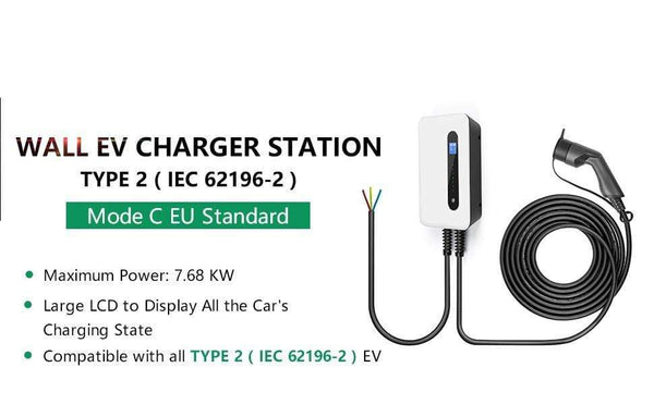 Planet Gates EV Charging Station Cable 32A Electric Vehicle Car Charger EVSE Wallbox Wall Mount Type 2 Cable IEC 62196-2 Level 2 240V 7.6KW