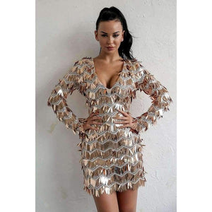 Planet Gates Evening Party Sexy V Neck Mini Dress Women 2018 Crystal Outfits Dresses Summer Long Sleeve Zipper Sequin Dress Vestidos