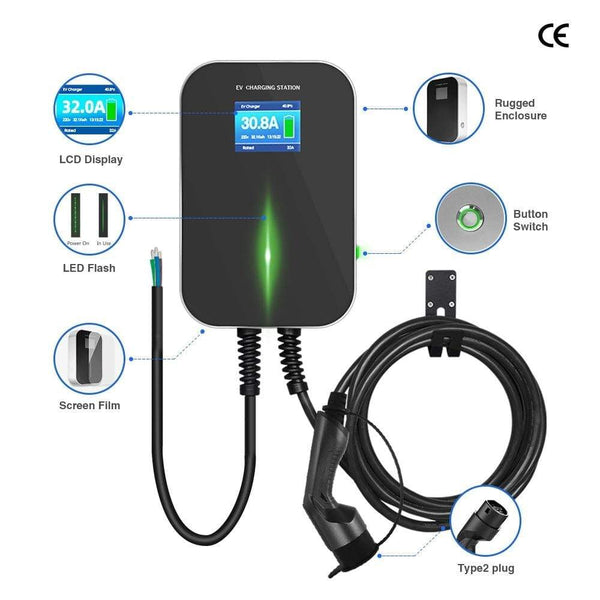 Planet Gates EVSE APP Control Charger Wallbox 32A 1Phase 7.2KW EV Electric Vehicle Charging Station with Type 2 6.1M Cable IEC 62196-2 Plug