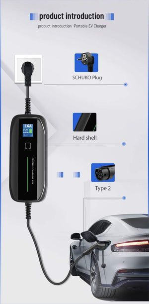 Planet Gates EVSE Type 2 Portable EV Charging Box Cable Switchable 10/16A Schuko Plug Electric Vehicle Car Charger IEC 62196-2 2.2/3.6KW