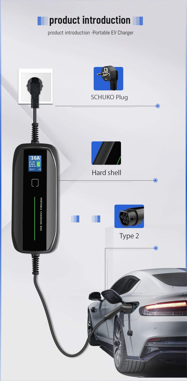 Planet Gates EVSE Type 2 Portable EV Charging Box Cable Switchable 10/16A Schuko Plug Electric Vehicle Car Charger IEC 62196-2 2.2/3.6KW