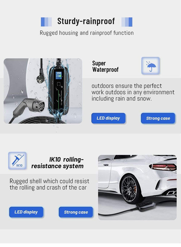 Planet Gates EVSE Type 2 Portable EV Charging Box Cable Switchable 10/16A Schuko Plug Electric Vehicle Car Charger IEC 62196-2 2.2/3.6KW
