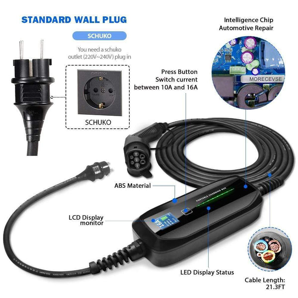 Planet Gates EVSE Type 2 Portable EV Charging Box Cable Switchable 10/16A Schuko Plug Electric Vehicle Car Charger IEC 62196-2 2.2/3.6KW