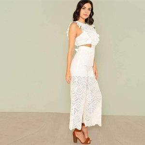 Planet Gates Eyelet Embroidery Wide Leg Ruffle Women Jumpsuit 2018 New White High Waist Summer Jumpsuit Hollow Out Elegant Jumpsuit