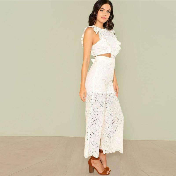 Planet Gates Eyelet Embroidery Wide Leg Ruffle Women Jumpsuit 2018 New White High Waist Summer Jumpsuit Hollow Out Elegant Jumpsuit