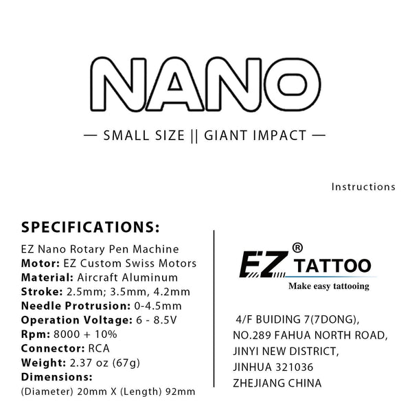 Planet Gates EZ NANO Rotary Cartridge Tattoo Machine Pen EZ Custom Swiss Motors Lightweight and Ultra Thin design
