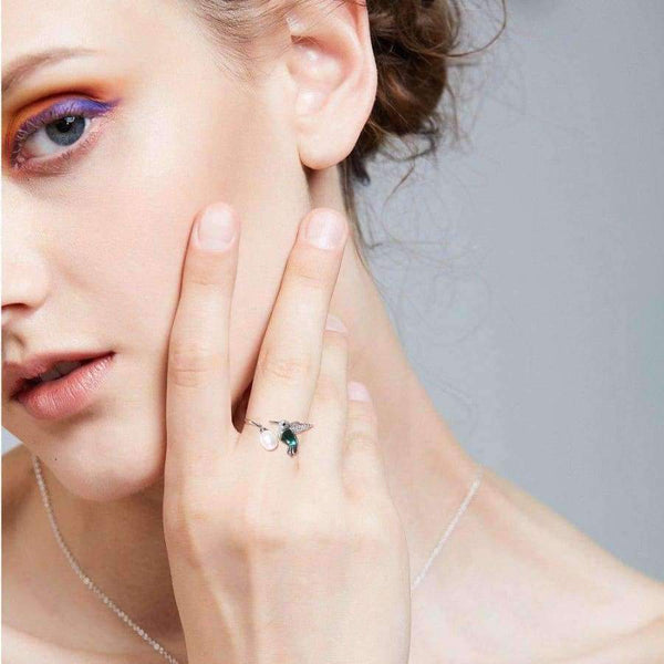 Planet Gates F.I.N.S Dazzling Green Crystals Women Rings Wedding Rings Fashion Jewelry Cute Bird Pearl Bijoux Rhinestone Bird Anillos Mujer