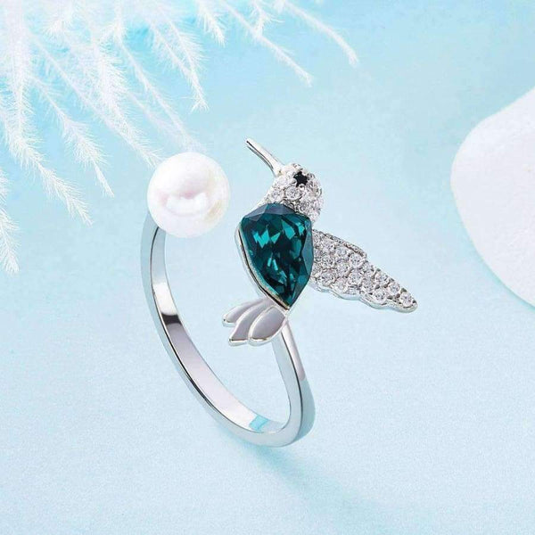 Planet Gates F.I.N.S Dazzling Green Crystals Women Rings Wedding Rings Fashion Jewelry Cute Bird Pearl Bijoux Rhinestone Bird Anillos Mujer