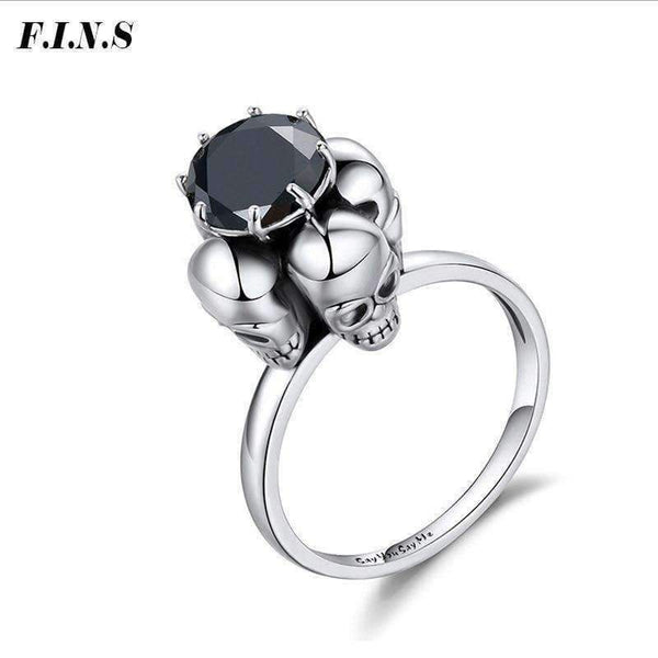 Planet Gates F.I.N.S Gothic 925 Sterling Silver Skull Rings Punk Black Clear Cubic Zirconia Unisex Wedding Rings Vintage Jewelry Bijoux Femme