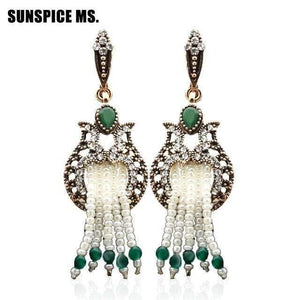 Planet Gates FA3515green Women Beaded Long Hook Flower Earrings Antique Gold Color Bead Tassels Bridal Earrings India Wedding Jewelry