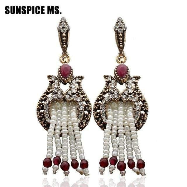 Planet Gates FA3515red Women Beaded Long Hook Flower Earrings Antique Gold Color Bead Tassels Bridal Earrings India Wedding Jewelry