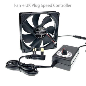 Planet Gates Fan UK Plug 120mm x 25mm 120V 220V AC Powered Cord with Speed Controller DC 3V to 12V, for Router Receiver DVR Xbox 12cm Cooling Fan