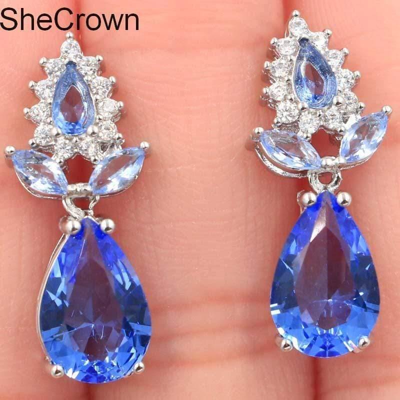 Planet Gates Fancy Rich Blue Violet Tanzanite CZ Woman's Present Silver Earrings 18x8mm
