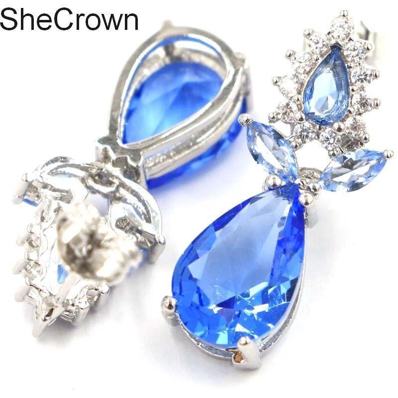 Planet Gates Fancy Rich Blue Violet Tanzanite CZ Woman's Present Silver Earrings 18x8mm