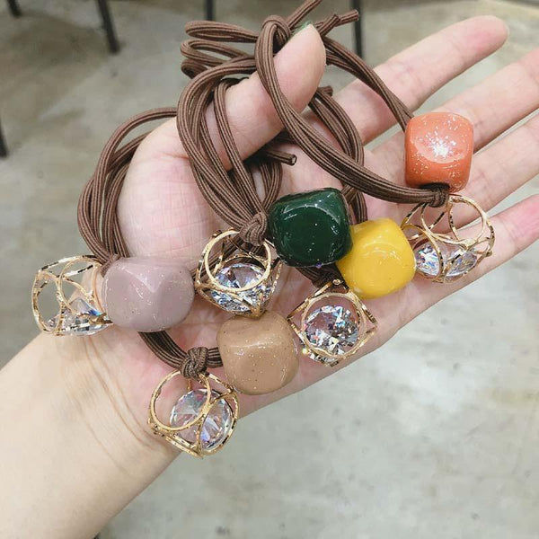 Fashion Crystal Square Hollow Elastic Hair Bands Pink Green Yellow Elastic Band Geometric For Women Rubber Hair Accessories Gift
