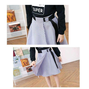 Planet Gates Fashion Girls Tracksuits Long Sleeve Black T Shirt + Belt Stripe Skirts Toddler Teenage Girls Clothing Set School 6 8 10 12 14