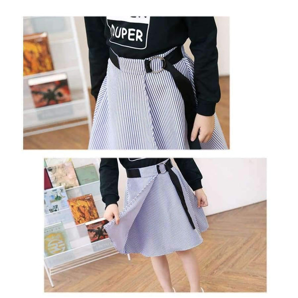 Planet Gates Fashion Girls Tracksuits Long Sleeve Black T Shirt + Belt Stripe Skirts Toddler Teenage Girls Clothing Set School 6 8 10 12 14