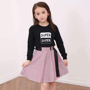 Planet Gates Fashion Girls Tracksuits Long Sleeve Black T Shirt + Belt Stripe Skirts Toddler Teenage Girls Clothing Set School 6 8 10 12 14
