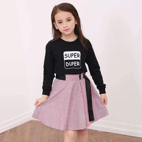 Planet Gates Fashion Girls Tracksuits Long Sleeve Black T Shirt + Belt Stripe Skirts Toddler Teenage Girls Clothing Set School 6 8 10 12 14