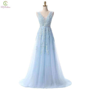 Planet Gates Fashion Hot Sell Sweet Light Blue Lace V-neck Lacing Long Evening Dress The Bride Party Sexy Backless Prom Dresses Custom
