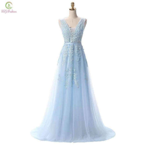 Planet Gates Fashion Hot Sell Sweet Light Blue Lace V-neck Lacing Long Evening Dress The Bride Party Sexy Backless Prom Dresses Custom
