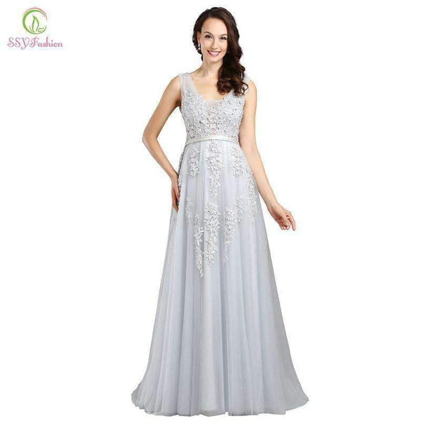 Planet Gates Fashion Hot Sell Sweet Light Blue Lace V-neck Lacing Long Evening Dress The Bride Party Sexy Backless Prom Dresses Custom