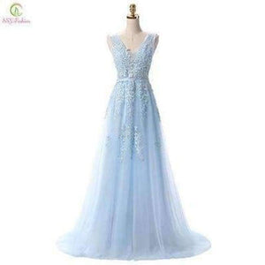 Planet Gates Fashion Hot Sell Sweet Light Blue Lace V-neck Lacing Long Evening Dress The Bride Party Sexy Backless Prom Dresses Custom