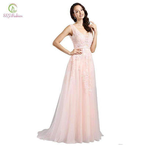 Planet Gates Fashion Hot Sell Sweet Light Blue Lace V-neck Lacing Long Evening Dress The Bride Party Sexy Backless Prom Dresses Custom