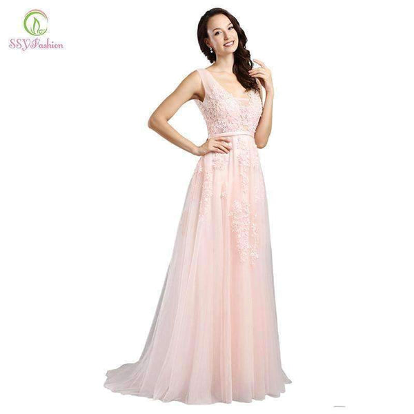 Planet Gates Fashion Hot Sell Sweet Light Blue Lace V-neck Lacing Long Evening Dress The Bride Party Sexy Backless Prom Dresses Custom