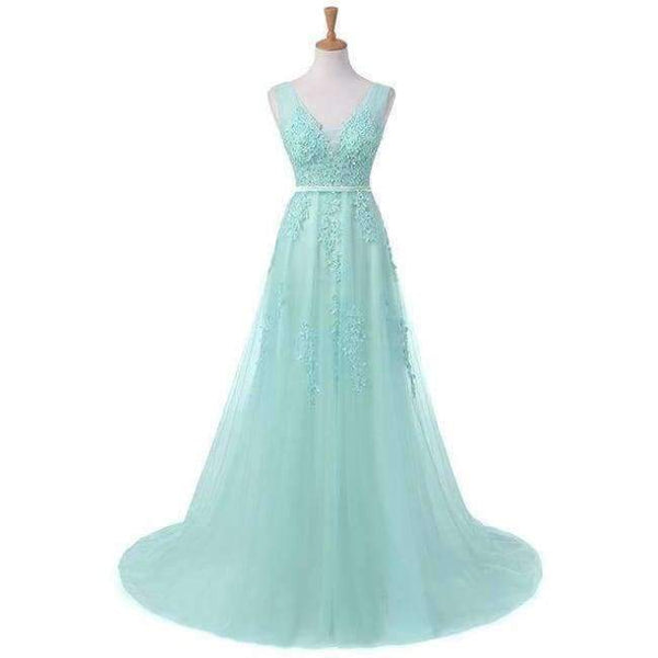 Planet Gates Fashion Hot Sell Sweet Light Blue Lace V-neck Lacing Long Evening Dress The Bride Party Sexy Backless Prom Dresses Custom