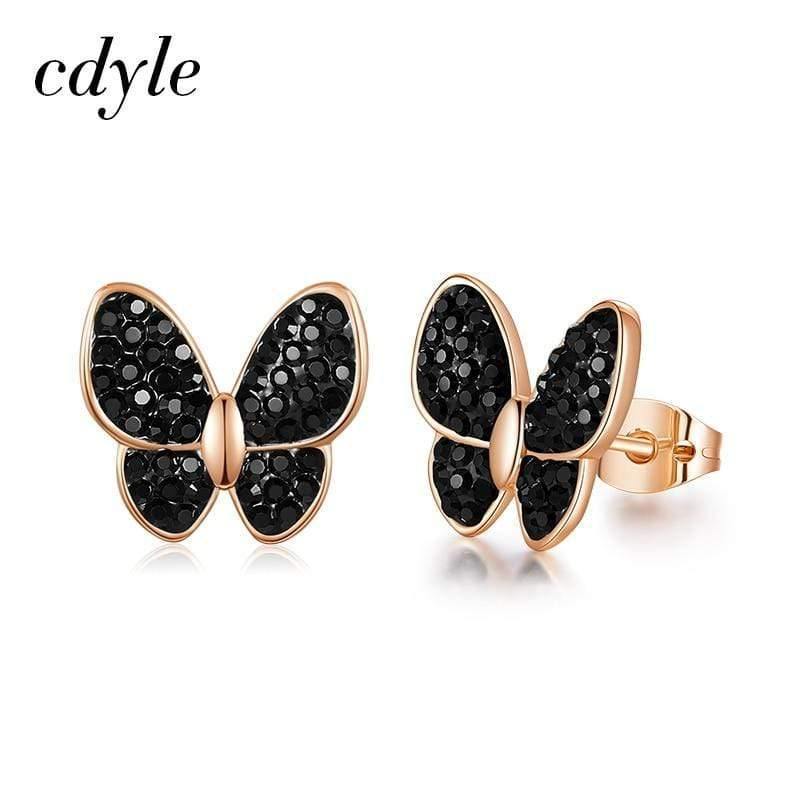 Planet Gates Fashion Jewelry Women Earrings Shining Black Crystal Gold Plated Butterfly Insect Earrings Stud