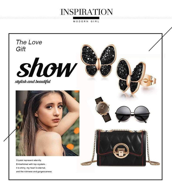 Planet Gates Fashion Jewelry Women Earrings Shining Black Crystal Gold Plated Butterfly Insect Earrings Stud