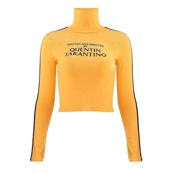 Planet Gates Fashion Quentin Tarantino Sexy Crop Tops Women Side Stripe Long Sleeve Turtleneck Cotton Knitted Short tshirt Lady