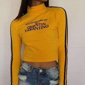 Planet Gates Fashion Quentin Tarantino Sexy Crop Tops Women Side Stripe Long Sleeve Turtleneck Cotton Knitted Short tshirt Lady