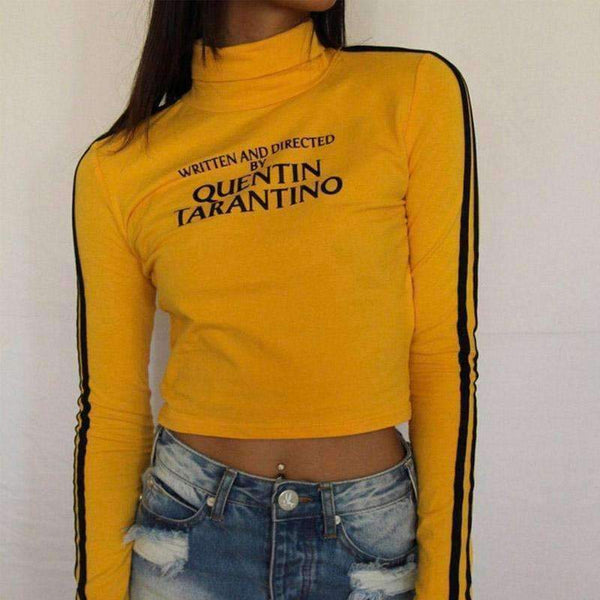 Planet Gates Fashion Quentin Tarantino Sexy Crop Tops Women Side Stripe Long Sleeve Turtleneck Cotton Knitted Short tshirt Lady