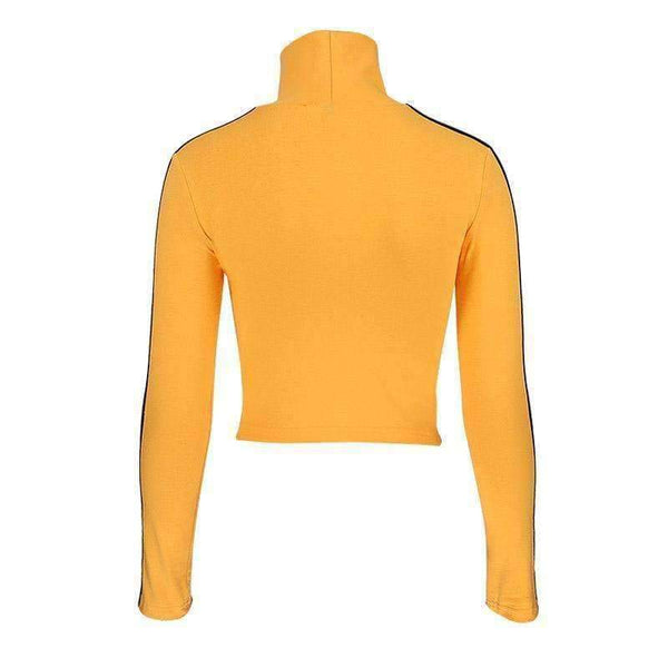 Planet Gates Fashion Quentin Tarantino Sexy Crop Tops Women Side Stripe Long Sleeve Turtleneck Cotton Knitted Short tshirt Lady