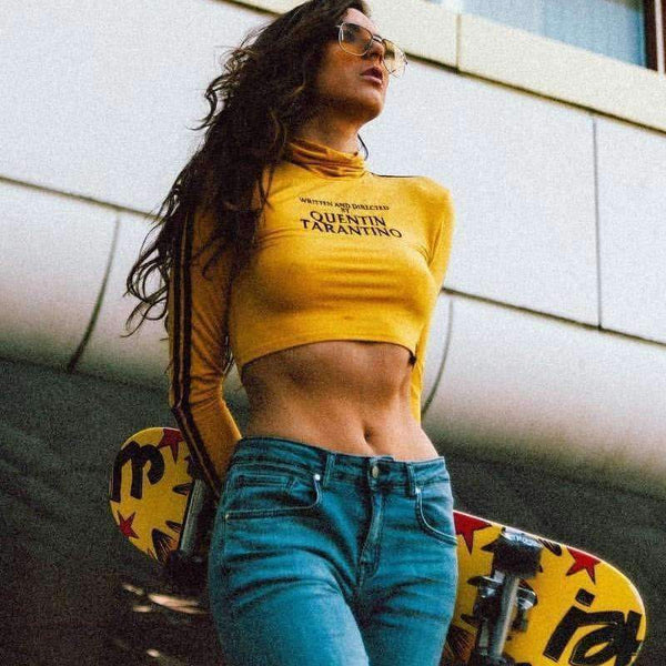 Planet Gates Fashion Quentin Tarantino Sexy Crop Tops Women Side Stripe Long Sleeve Turtleneck Cotton Knitted Short tshirt Lady