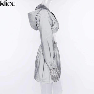 Planet Gates Fashion Reflective Zipper Hooded Women Two Pieces Sets 2018 Autumn Reflective Hoodies Short Skirts Zip Pockets Female Sets