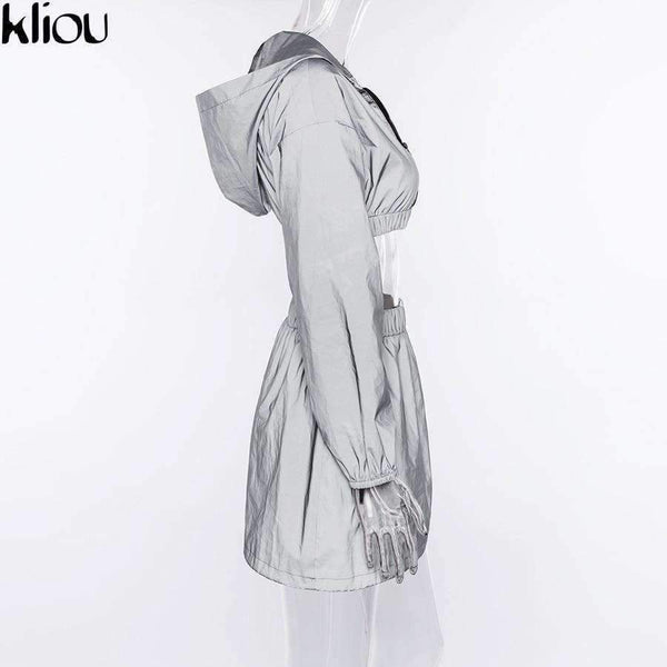 Planet Gates Fashion Reflective Zipper Hooded Women Two Pieces Sets 2018 Autumn Reflective Hoodies Short Skirts Zip Pockets Female Sets