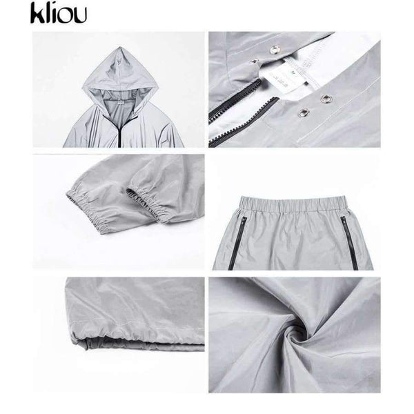Planet Gates Fashion Reflective Zipper Hooded Women Two Pieces Sets 2018 Autumn Reflective Hoodies Short Skirts Zip Pockets Female Sets
