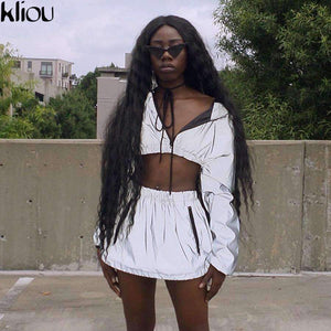 Planet Gates Fashion Reflective Zipper Hooded Women Two Pieces Sets 2018 Autumn Reflective Hoodies Short Skirts Zip Pockets Female Sets