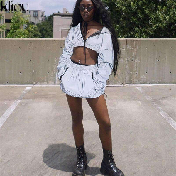 Planet Gates Fashion Reflective Zipper Hooded Women Two Pieces Sets 2018 Autumn Reflective Hoodies Short Skirts Zip Pockets Female Sets