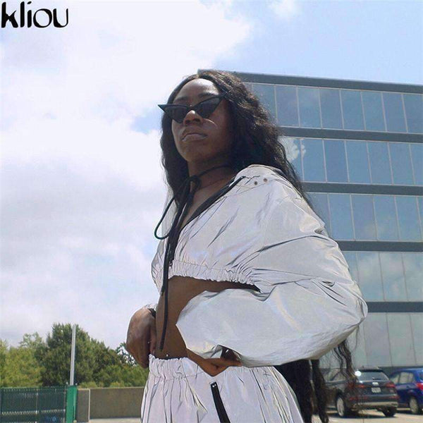 Planet Gates Fashion Reflective Zipper Hooded Women Two Pieces Sets 2018 Autumn Reflective Hoodies Short Skirts Zip Pockets Female Sets