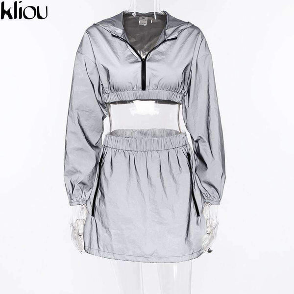 Planet Gates Fashion Reflective Zipper Hooded Women Two Pieces Sets 2018 Autumn Reflective Hoodies Short Skirts Zip Pockets Female Sets