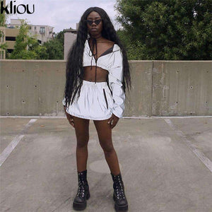 Planet Gates Fashion Reflective Zipper Hooded Women Two Pieces Sets 2018 Autumn Reflective Hoodies Short Skirts Zip Pockets Female Sets