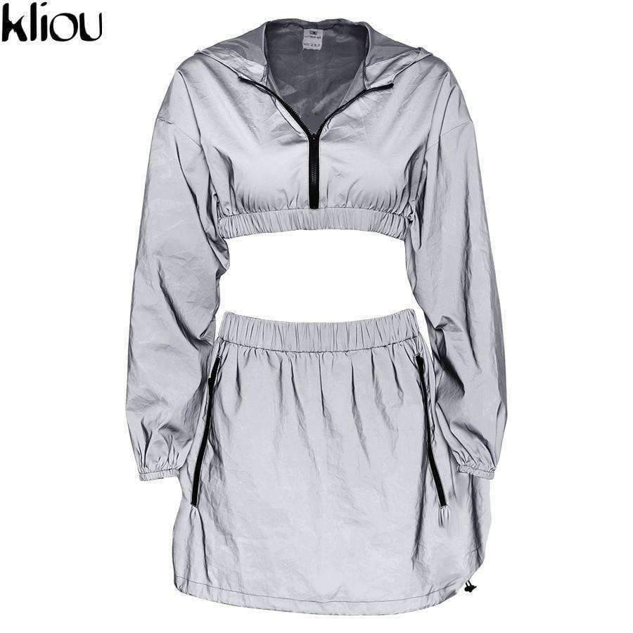 Planet Gates Fashion Reflective Zipper Hooded Women Two Pieces Sets 2018 Autumn Reflective Hoodies Short Skirts Zip Pockets Female Sets